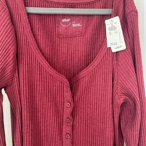 Aerie Ribbed Long Sleeve Top in Burgundy
